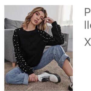Black Sweater with Pearl Embellishments